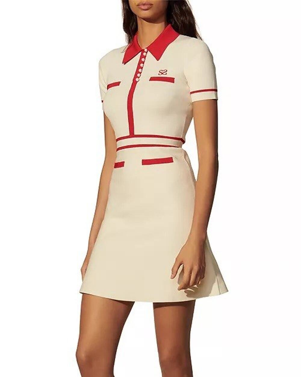 Sandro Paris Irene Polo Cream/Red Collared Dress in Size 40/8